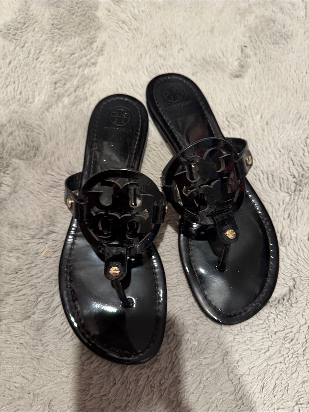 Tory Burch Black Patent Leather Logo Thong Sandals